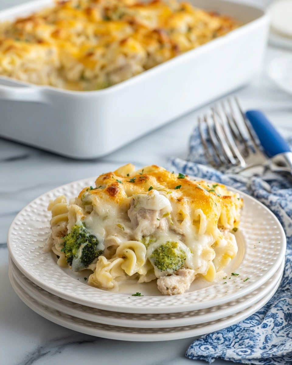 A white plate with raised dots holds a serving of creamy pasta casserole with three visible layers: the bottom layer is light creamy noodles mixed with small pieces of tender white meat and broccoli florets, the middle layer shows the noodles and meat coated thickly in white creamy sauce, and the top layer is golden melted cheese with some browned spots, garnished lightly with green herbs. The plate is stacked on three similar white plates on a white marbled surface, with a blue and white cloth to the right and silver forks and a utensil with a blue handle placed nearby. In the background, there is a white rectangular baking dish filled with more of the cheesy casserole, the top with melted golden cheese. The photo taken with an iphone --ar 4:5 --v 7