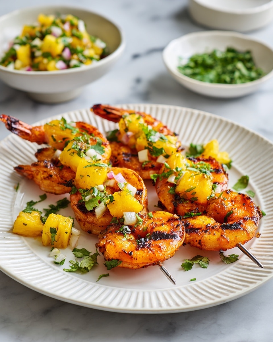 A white plate with a ridged edge holds two metal skewers, each with four grilled shrimp. The shrimp are orange with dark grill marks and topped with small bright yellow pineapple chunks, small white onion pieces, and green herbs. Extra pineapple and herbs are scattered on the plate around the shrimp. The background has a white marbled texture, with a white bowl of pineapple salsa and a small bowl of green herbs blurred in the distance. Photo taken with an iphone --ar 4:5 --v 7
