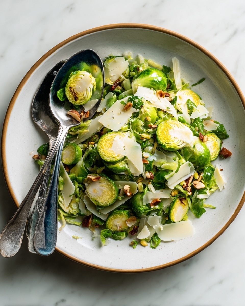 This image shows a dish served in a white plate with a dark blue inside and a thin brown edge, sitting on a white marbled surface. The dish has three main layers: a base of bright green Brussels sprouts, some cut in halves showing a smooth texture inside, mixed with thin white or cream-colored slices of cheese or nuts scattered evenly across. There are also small pieces of brown nuts or toasted seeds throughout, adding texture and color contrast. Two metal spoons rest on the left side inside the plate, one holding a scoop of the salad. The overall look is fresh, colorful with different green shades and crunchy highlights. photo taken with an iphone --ar 4:5 --v 7