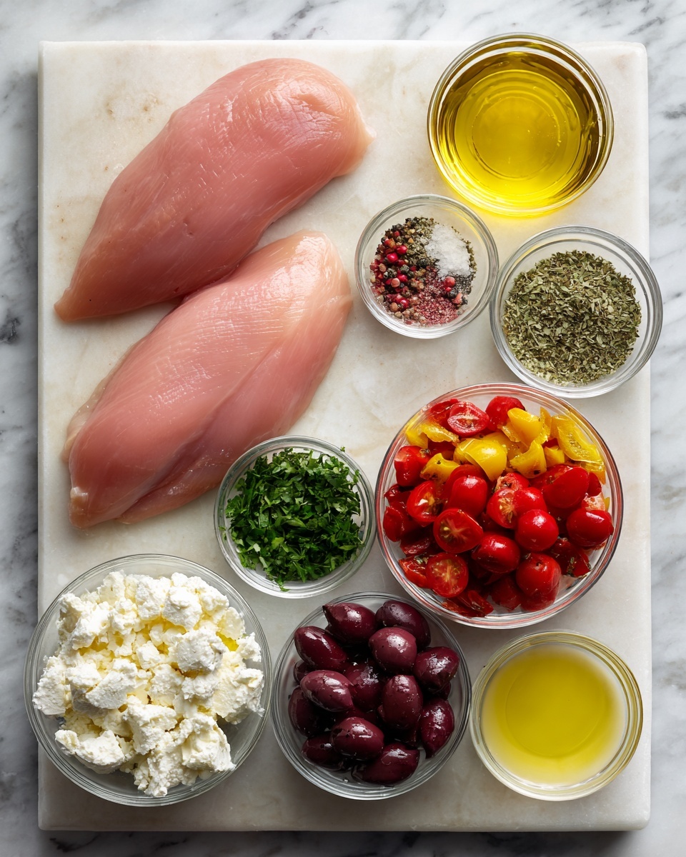 The image shows two raw pink boneless skinless chicken breasts placed side by side on a white cutting board, positioned near the center top left. Surrounding the chicken are small clear glass bowls with various ingredients: a bowl of golden yellow olive oil at the top right, a bowl with black and pink salt and pepper mix below that, followed by a bowl of green oregano, then a pale yellow lemon juice in a bowl below. In the lower right corner, there is a bowl with dark purple kalamata olives and next to it a bowl filled with white crumbled feta cheese. In the center bottom, a bowl of green chopped parsley sits above a bowl of red and yellow roasted peppers in oil. Lastly, on the bottom left, a bowl of bright red cherry tomatoes completes the ingredient arrangement. All items rest on a white marbled surface. photo taken with an iphone --ar 4:5 --v 7