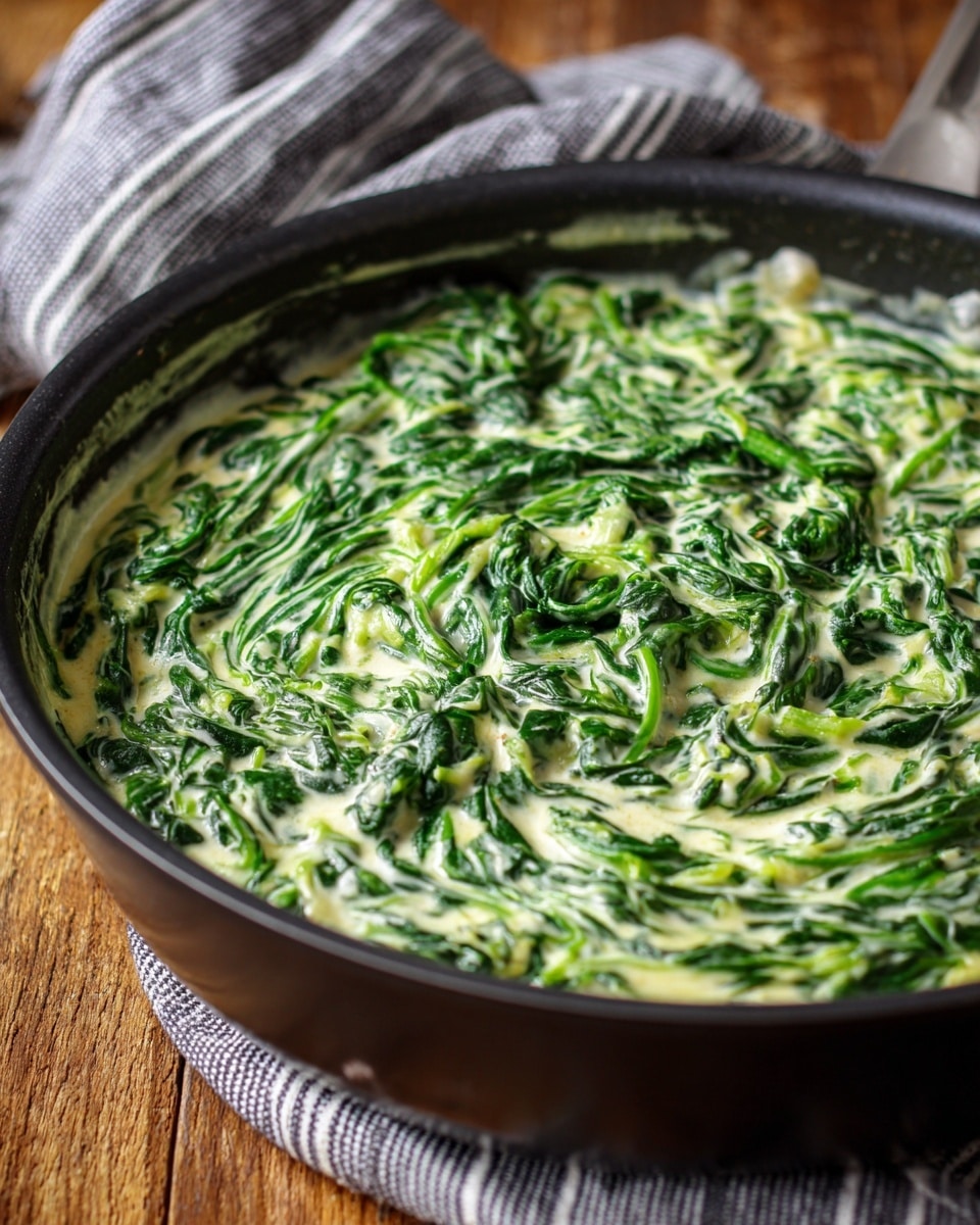 A close-up view of a black pan filled green creamy spinach dish, showing a thick layer of cooked spinach mixed evenly with a white creamy sauce, creating a swirled texture of green and white throughout. The pan sits on a wooden surface and is partly covered by a gray and white striped cloth in the background. The spinach leaves appear soft and slightly wilted, blending smoothly with the creamy sauce. Photo taken with an iphone --ar 4:5 --v 7