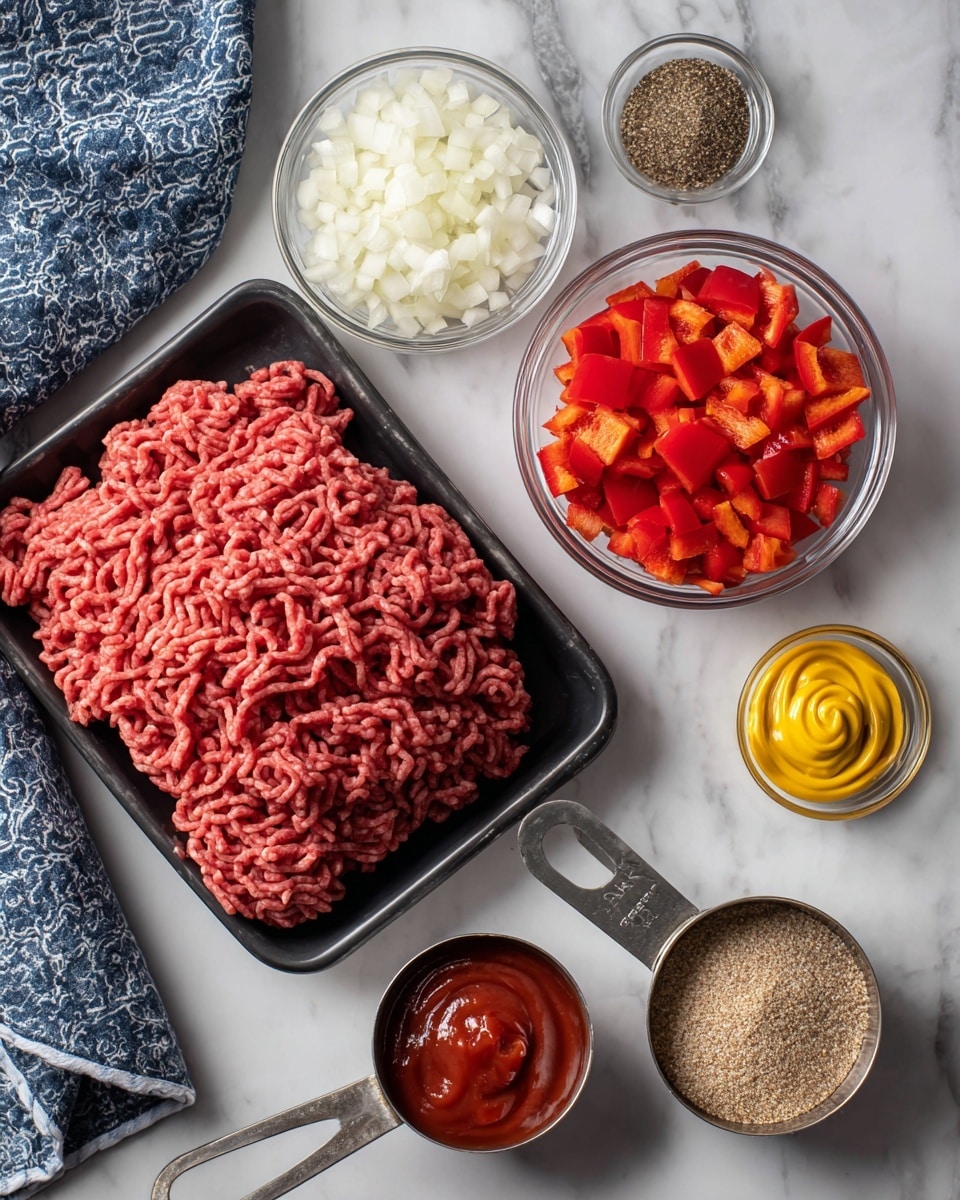 The image shows different ingredients placed on a white marbled surface. In the center is a black tray filled with raw ground beef, a deep pink color with a textured, stringy look. To the upper left in a clear glass bowl are white chopped onions, small and finely diced. Next to it on the right is another clear glass bowl with diced bright red bell peppers, cut into small squares. To the lower right of the tray is a metal measuring cup filled with light brown sugar, finely granulated, and just below it is a small glass bowl holding coarse black and brown Montreal steak seasoning. On the left side near the front, a metal measuring cup contains thick, smooth red ketchup. Slightly to the right near the top is a tiny clear glass bowl holding a small amount of yellow mustard in a swirl shape. A part of a blue and white patterned cloth is visible in the bottom left corner. photo taken with an iphone --ar 4:5 --v 7