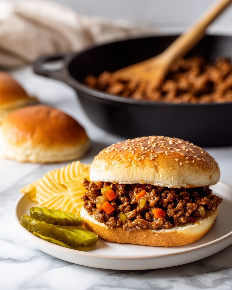 A sesame seed bun sandwich sits on a white plate, with a thick layer of cooked ground meat mixed with small diced red and orange vegetables inside the bun. Next to the sandwich are three green pickle slices and three ridged yellow potato chips. In the background, a black cast-iron skillet filled with the same ground meat mixture and a wooden spoon resting inside is visible. The scene is set on a white marbled surface with two round buns placed behind the skillet. Photo taken with an iphone --ar 4:5 --v 7