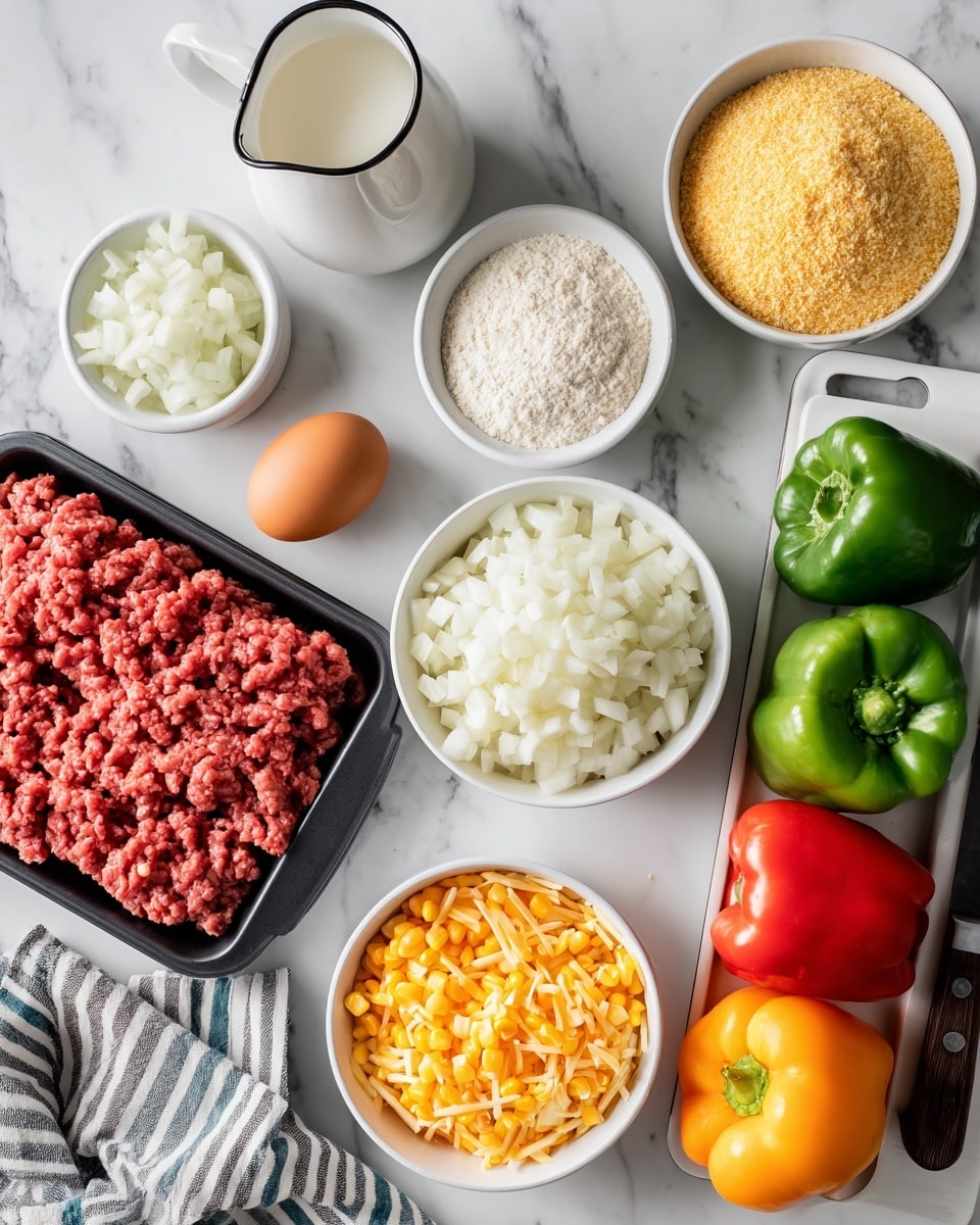 The image shows various ingredients placed neatly on a white marbled surface. There are eight main groups: a white bowl of chopped white onions, a single brown egg, a small white bowl of taco seasoning, a white bowl of Jiffy cornbread mix with a crumbly light yellow texture, a white pitcher of milk, a black tray holding fresh ground beef with a red and moist texture, a white bowl full of shredded white cheese, and a white bowl with bright yellow corn kernels. To the right, a white tray holds colorful bell peppers in green, red, orange, and yellow shades. A dark gray knife and a striped cloth are also visible near the food items. photo taken with an iphone --ar 4:5 --v 7