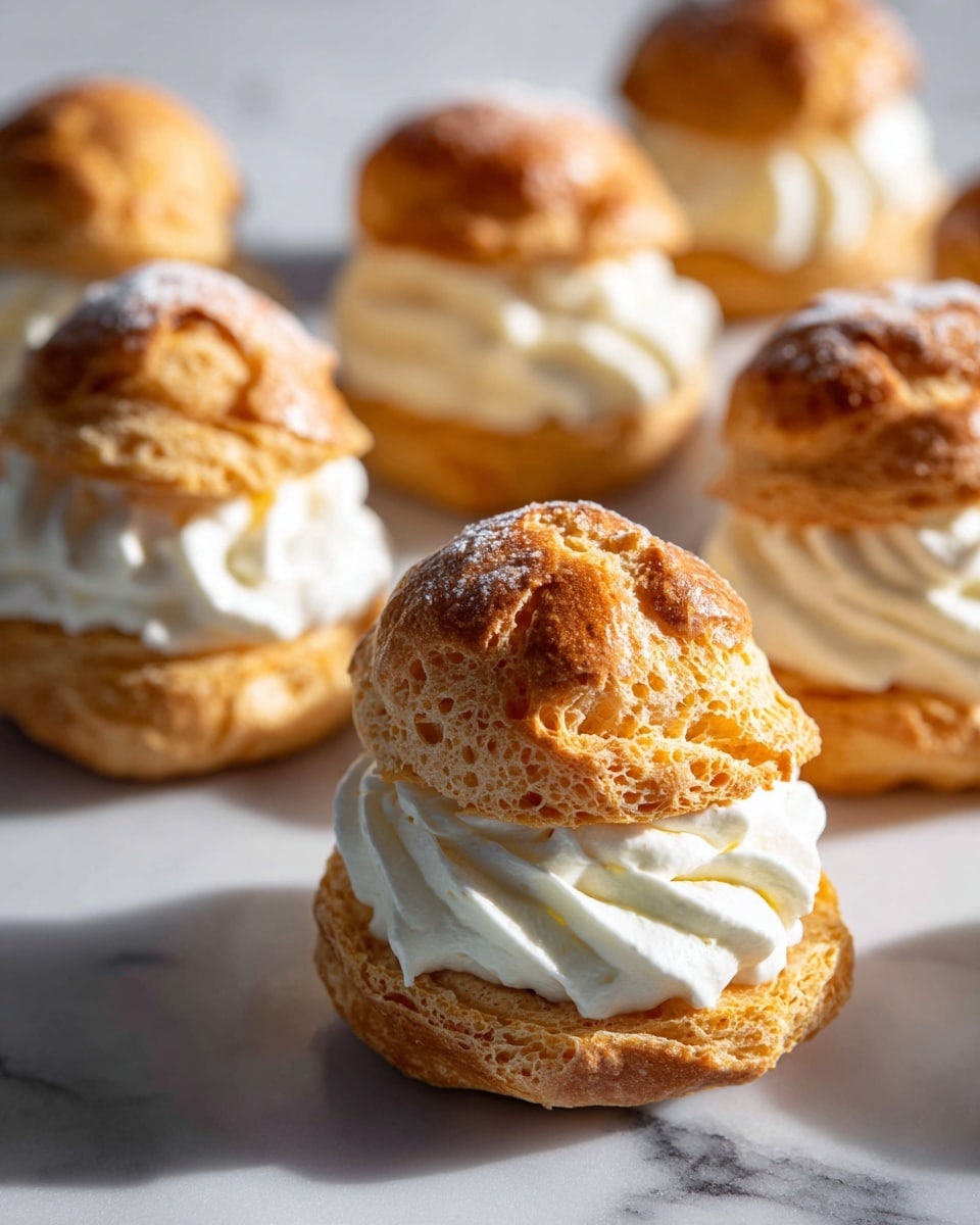 The image shows small round cream puffs with a golden brown, textured outer shell. Each puff is filled with two layers of creamy white filling; the bottom layer is smooth and custard-like, while the top layer is fluffy and whipped. The cream puffs are placed on a white plate with a white marbled background, and one puff is cut open to clearly show the two different creamy layers inside. photo taken with an iphone --ar 4:5 --v 7