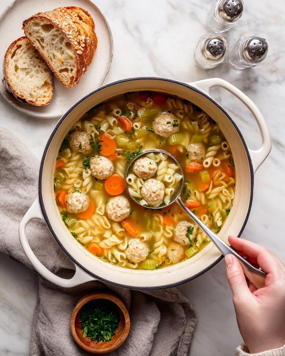 A large white pot filled with clear broth soup containing round, light beige meatballs, bright orange carrot slices, green celery pieces, and small pale pasta tubes scattered throughout. A metal ladle is held above the pot by a woman's hand, scooping a serving that shows the same colorful mix from the soup. Nearby, a white plate holds thick slices of golden brown bread with a textured surface, and a small wooden bowl below the pot contains chopped green herbs. The setting features a white marbled surface with glass salt and pepper shakers seen in the background, alongside a soft grey cloth under one side of the pot. Photo taken with an iphone --ar 4:5 --v 7