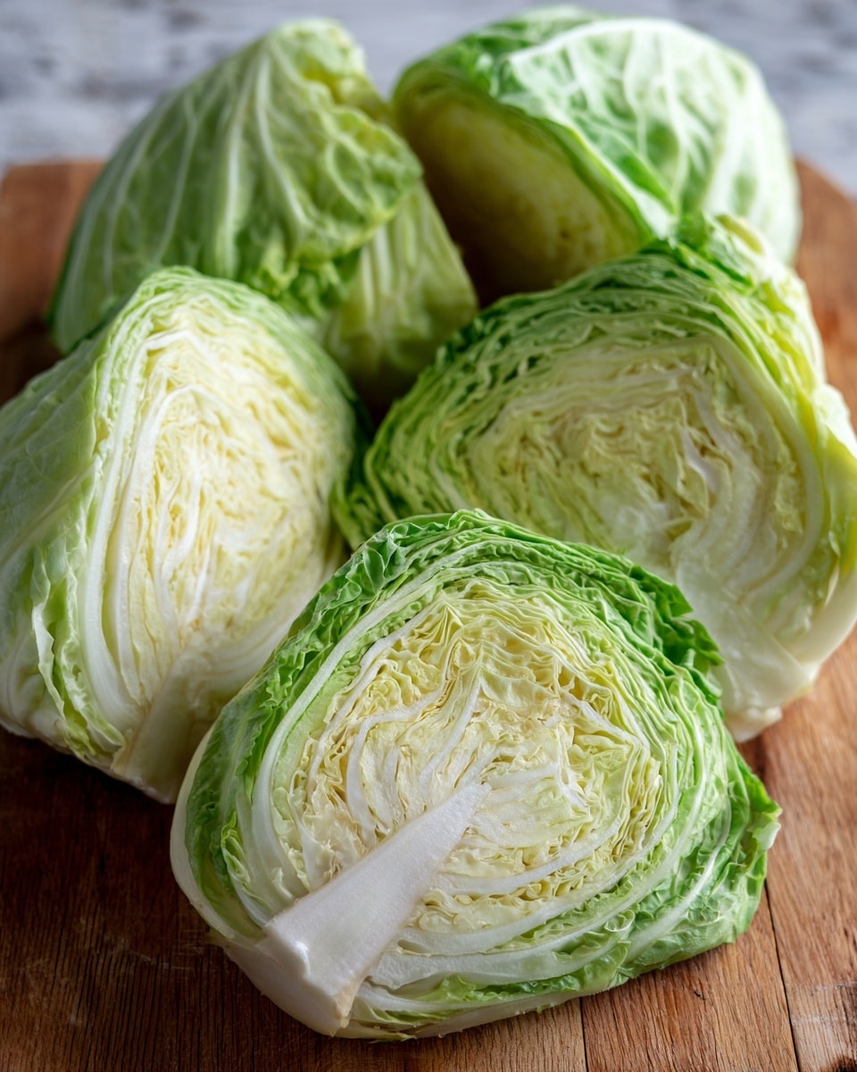 This image shows several wedges of fresh cabbage placed closely together on a wooden surface. Each wedge is made up of many green and pale yellow layers that are tightly packed and have a smooth, leafy texture, with the outer layers being a brighter green and the inner layers shifting to a lighter yellow-white color. The wedges are thick and show the cabbage's natural veins and folds clearly, with some pieces leaning against each other. The background is a white marbled texture. Photo taken with an iphone --ar 4:5 --v 7