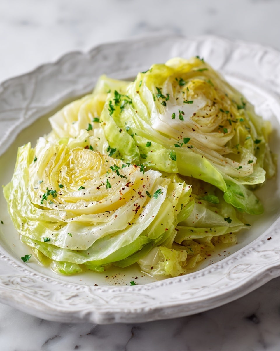 The dish shows several wedges of cooked cabbage placed on a white plate with a simple raised floral design on the rim. Each wedge has about five to six visible layers of cooked cabbage leaves, colored light green on the outer parts and pale yellow towards the center. The cabbage is lightly seasoned with small black pepper specks and sprinkled with bits of green herbs. The plate sits on a white marbled surface, and the lighting highlights the soft texture and slight glossiness of the steamed cabbage layers. photo taken with an iphone --ar 4:5 --v 7