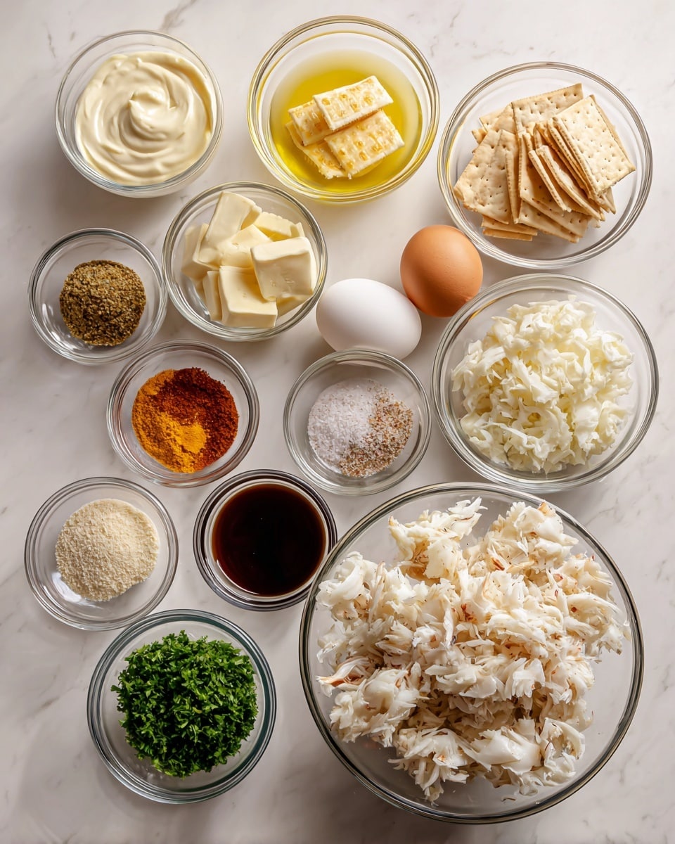 The image shows various clear glass bowls arranged neatly on a white marbled surface, each containing different ingredients for a recipe. There are thirteen bowls in total: one filled with creamy white mayonnaise, one with lemon juice that is pale yellow, one with chopped white onions, one with saltine crackers that are light beige and stacked, a bowl with light yellow butter pieces, a bowl with a brown powder labeled Old Bay seasoning, a bowl holding a whole white egg, a small bowl of finely chopped bright green parsley, a bowl with orange-brown dry mustard powder, a bowl with dark brown Worcestershire sauce, a small bowl containing mixed salt and pepper with pink and black colors, a bowl with white panko crumbs, and a larger bowl piled high with pale white lump crabmeat. All items are spaced out evenly with labels in black text beside each bowl. photo taken with an iphone --ar 4:5 --v 7