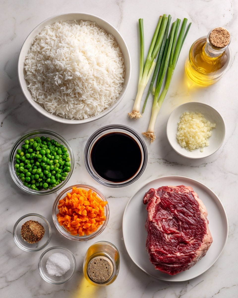 A flat lay of ingredients on a white marbled surface showing a large mound of white rice in a white bowl centered at the top, to its right a small white bowl with minced garlic and three green onions placed diagonally with white bulbs pointing down; below the rice is a medium glass with dark soy sauce, to its left a clear bowl filled with mixed peas and diced orange carrots; left of the peas is a small glass bowl with minced ginger, above it a tiny white bowl with steak spice mix; next to the spice bowl is a white plate holding a thick raw sirloin steak with red and marbled textures; to the upper left is a small white bowl with beaten eggs, beside it a bottle of cooking oil and next to it a salt shaker; upper right corner has a small glass of golden sesame oil, all arranged neatly with clear labels above each item photo taken with an iphone --ar 4:5 --v 7