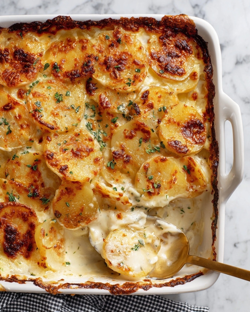 A white rectangular baking dish holds a creamy, golden potato gratin with thin slices of potatoes visible under a browned, bubbly cheese crust, showing some crisp, dark golden spots around the edges. Small bits of green herbs are sprinkled on top, adding a touch of color. The dish sits on a white marbled surface with a blue-and-white checkered cloth partially under the dish on the right side. photo taken with an iphone --ar 4:5 --v 7
