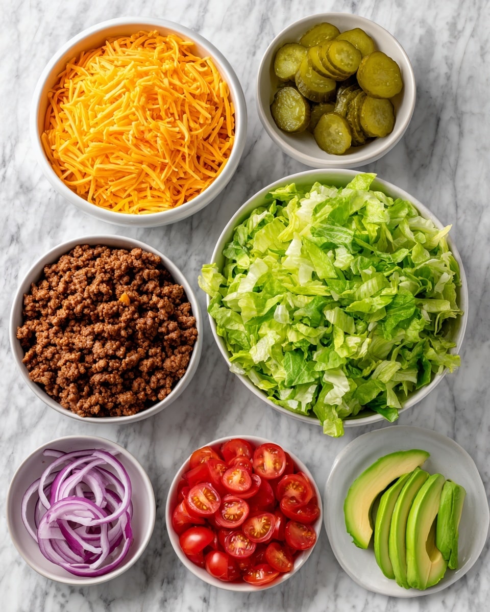 The image shows six white bowls arranged on a white marbled surface. The largest bowl holds fresh chopped green lettuce leaves filling the center right. Above it is a bowl filled with bright orange shredded cheese. To the left of the cheese is a bowl with green pickle slices. Above the lettuce and to the left side is a bowl full of cooked brown ground meat mixed with small pieces of onion. Below the meat and cheese are two smaller plates: one bowl at the bottom filled with halved red cherry tomatoes, and a smaller white dish containing thinly sliced purple onion on the top half and slices of green avocado neatly arranged on the bottom half. The setup looks clean and colorful, showing fresh and cooked ingredients clearly separated. Photo taken with an iphone --ar 4:5 --v 7