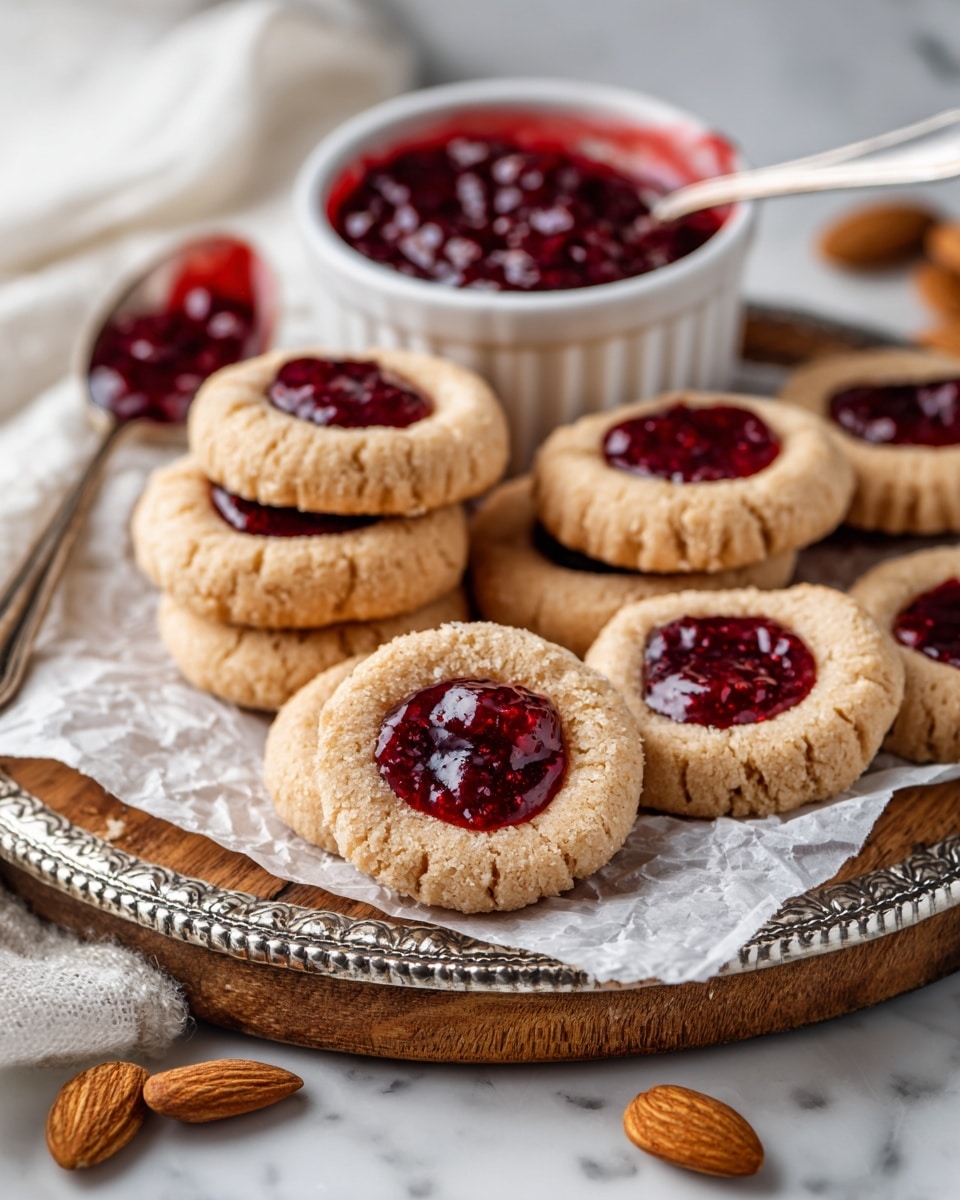 The image shows round thumbprint cookies arranged on a piece of white parchment paper over a wooden board with decorative silver edges. Each cookie has one layer: a light brown textured dough forming the base with a smooth, deep red jam filling in the center. To the left, there are three more cookies stacked slightly overlapping on a white textured cloth. At the top left, a white bowl filled with chunky red jam is visible, along with a silver spoon holding a dollop of the same red jam resting on the wooden board. Whole almonds are scattered near the bowl, and the whole scene is set on a white marbled surface. photo taken with an iphone --ar 4:5 --v 7