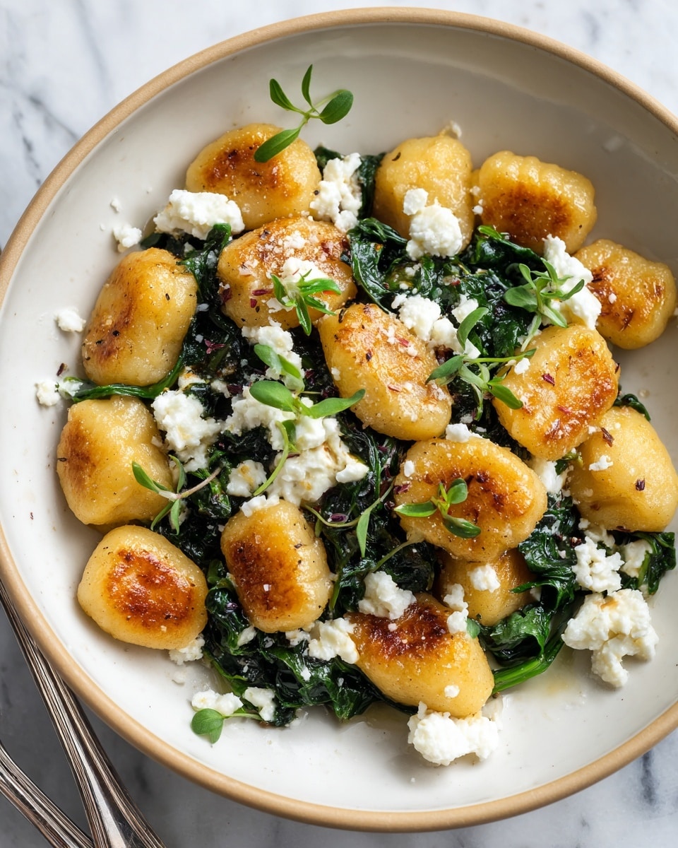 A white plate holds a dish of golden-brown seared gnocchi arranged on a bed of dark green sautéed spinach. The gnocchi are plump with a crispy shiny texture on the top and sides. Sprinkled over the gnocchi and spinach are small crumbled pieces of white cheese along with bits of green herbs providing contrast. The plate sits on a white marbled surface with a silver fork resting on the plate's right edge. The lighting highlights the glistening texture of the cooked gnocchi and fresh look of the spinach. Photo taken with an iphone --ar 4:5 --v 7