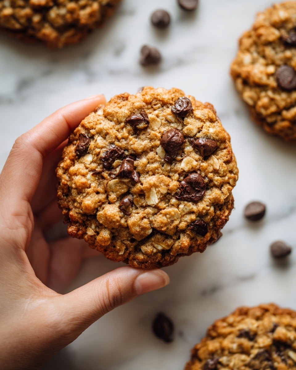 A close-up image shows a thick, chunky oatmeal cookie held by a woman's hand, featuring a golden-brown texture with visible oats and dark chocolate chips mixed inside. The cookie has an uneven, rustic shape with some pieces slightly raised, giving it a hearty appearance. Around the cookie, several loose dark chocolate chips scatter on a white marbled surface, enhancing the warm, home-baked feel. Additional cookies appear partially in the frame, sharing the same dense texture and color. photo taken with an iphone --ar 4:5 --v 7