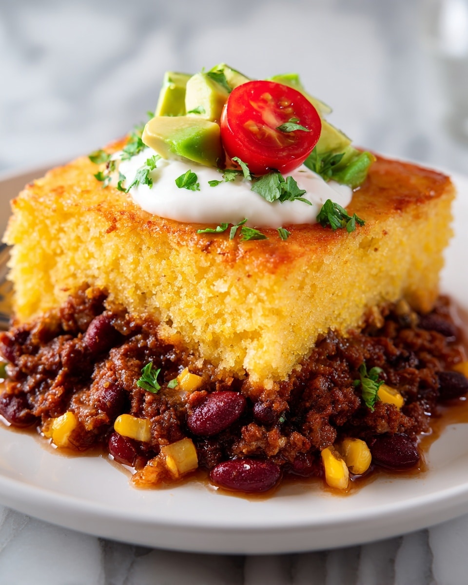 The dish shows three main layers on a white plate over a white marbled surface. The bottom layer is a mix of dark brown cooked ground meat with visible red kidney beans, yellow corn kernels, and bits of onion, all appearing moist and hearty. On top of this is a thick, golden-yellow cornbread layer with a slightly crumbly texture. The third layer is a dollop of smooth, white cream, placed centrally on the cornbread. On top of the cream are small green avocado pieces and a bright red half cherry tomato, garnished with tiny bits of green herbs, making the dish colorful and fresh. Photo taken with an iphone --ar 4:5 --v 7