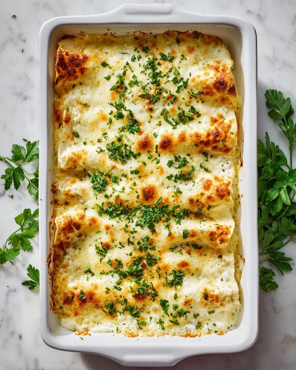 A white rectangular baking dish is filled with a layer of rolled tortillas topped evenly with melted light golden cheese that is bubbly and slightly browned at the edges. Bright green chopped parsley is sprinkled on top, adding fresh spots of color against the creamy cheese layer. The dish is placed on a white marbled surface with some parsley leaves scattered nearby. The edges of the tortillas are slightly visible under the cheese, showing a warm golden tone. photo taken with an iphone --ar 4:5 --v 7