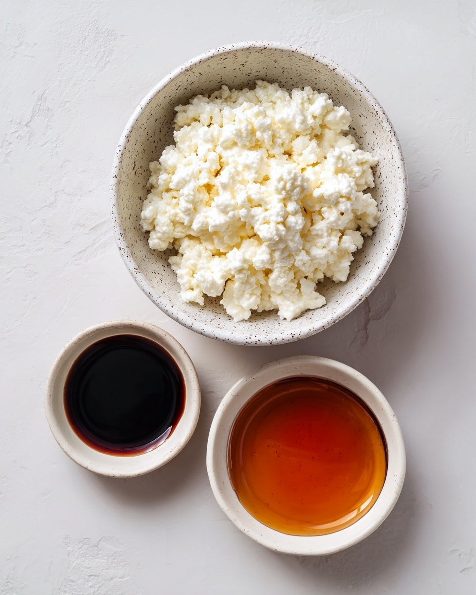 Three bowls are shown on a white marbled surface. The largest bowl at the top has a speckled white design and is filled with white cottage cheese that has a soft, lumpy texture. Below it are two smaller white bowls. The bowl on the left contains dark brown vanilla extract with a smooth, shiny surface, while the bowl on the right holds amber-colored maple syrup that looks clear and glossy. Each bowl is spaced evenly, creating a balanced layout. Photo taken with an iphone --ar 4:5 --v 7