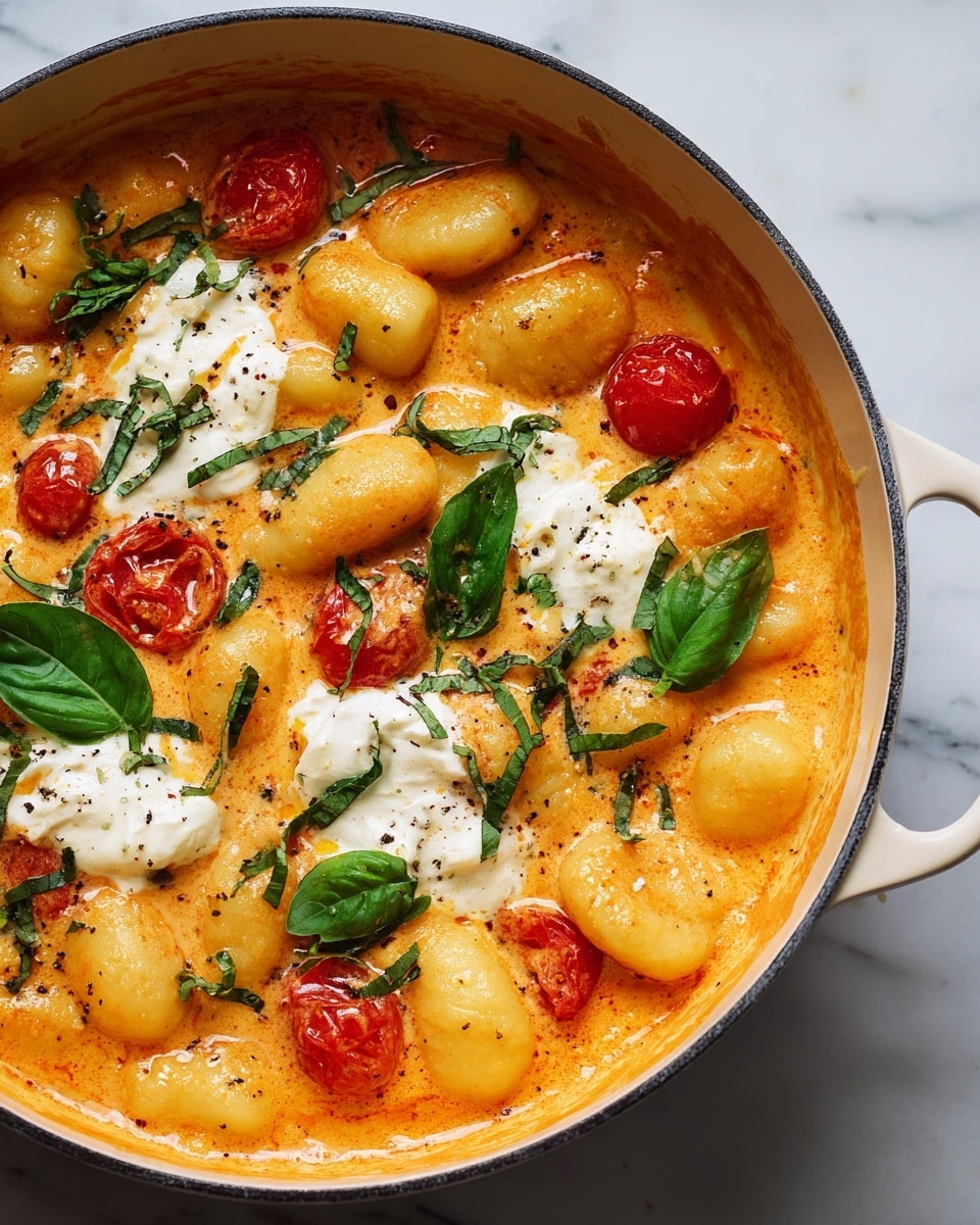 The image shows a white bowl filled with three main layers: soft yellow gnocchi, bright red cherry tomatoes, and white dollops of creamy cheese scattered on top. The gnocchi and tomatoes are coated in a light orange sauce with a slightly shiny texture. Fresh green basil leaves are placed on the gnocchi, adding a fresh touch. The bowl is placed on a green speckled plate, and a gold-colored spoon is partially visible on the right side inside the bowl. A small wooden bowl with red pepper flakes is seen in the background on a white marbled surface. photo taken with an iphone --ar 4:5 --v 7