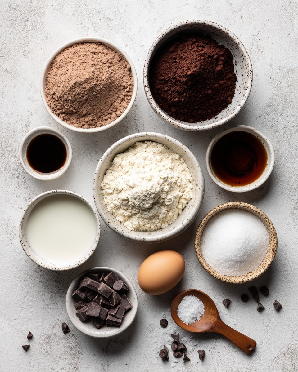 The image shows small white bowls with different baking ingredients placed on a white marbled surface. There is a bowl with a light brown powder labeled chocolate protein powder, a speckled bowl with dark brown cocoa powder, a bowl with beige almond flour, and another speckled bowl with dark chocolate chips. A round white bowl contains maple syrup, and a small bowl holds dark vanilla liquid. A rustic small bowl has white baking powder, and a small bowl with white almond milk is also there. A large wooden spoon holds white salt next to a brown egg on the surface. All items are spaced neatly and clearly visible. photo taken with an iphone --ar 4:5 --v 7