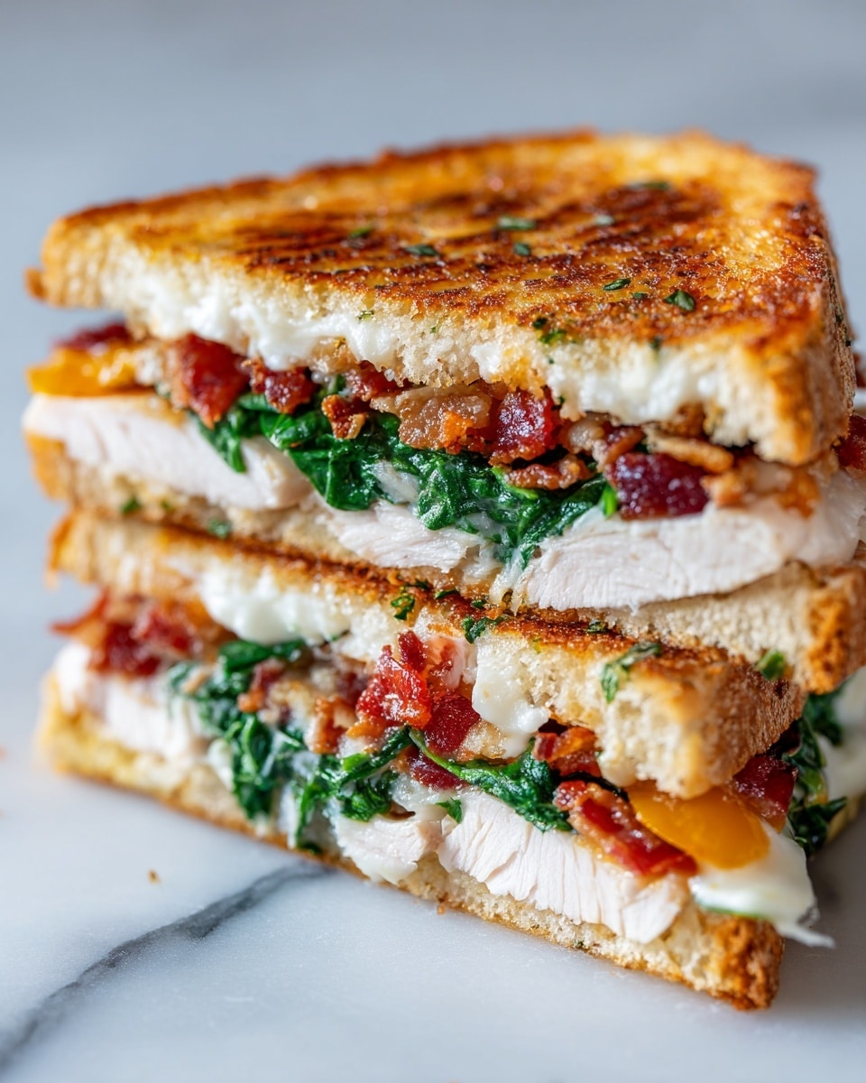 The image shows a close-up of a toasted sandwich cut into triangular halves stacked on a white marbled surface. The sandwich has three main layers inside: the bottom layer is light-colored cooked turkey meat, the middle layer is vibrant green leafy spinach, and the top layer is reddish-orange tomato slices and crispy brown bacon bits. The bread is golden brown and crispy with a slightly textured crust. Photo taken with an iphone --ar 4:5 --v 7