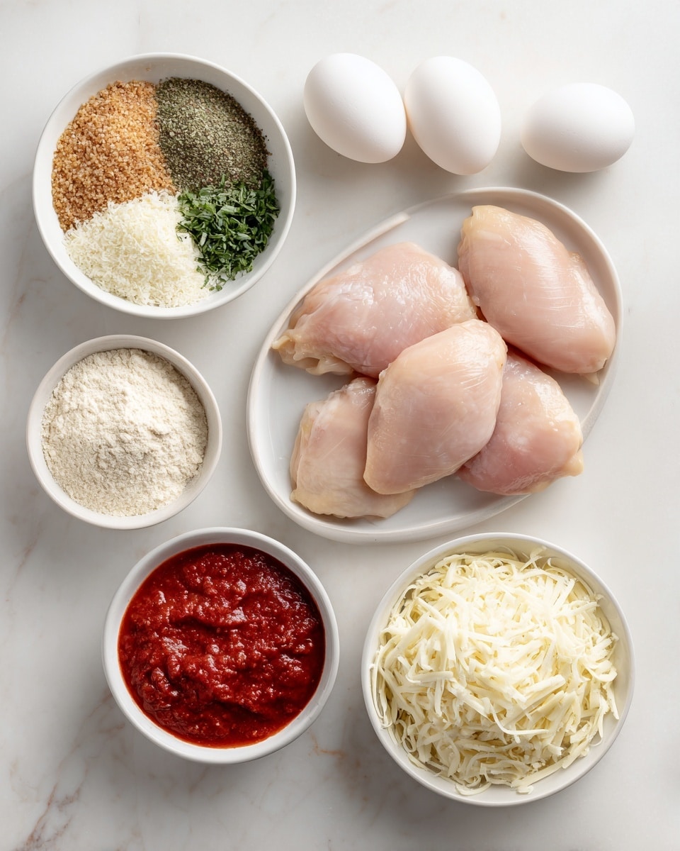 The image shows several ingredients placed neatly on a white marbled surface with labels describing each one. In the center right, there is a white plate with three raw light pink chicken pieces. Above this plate, three white eggs are arranged in a loose triangle. To the left of the eggs is a round white bowl with a mix of whole wheat breadcrumbs (light brown), grated Parmesan cheese (cream color), dried green basil, dried green parsley, white salt, and black pepper, all separated in small piles within the bowl. Below this bowl is another smaller white bowl filled with fine whole wheat flour, light beige in color. At the bottom left is another white bowl with rich red marinara sauce that has a slightly chunky texture. On the bottom right is a white bowl filled with off-white shredded mozzarella cheese, soft in texture. The setting is bright and clean. Photo taken with an iphone --ar 4:5 --v 7