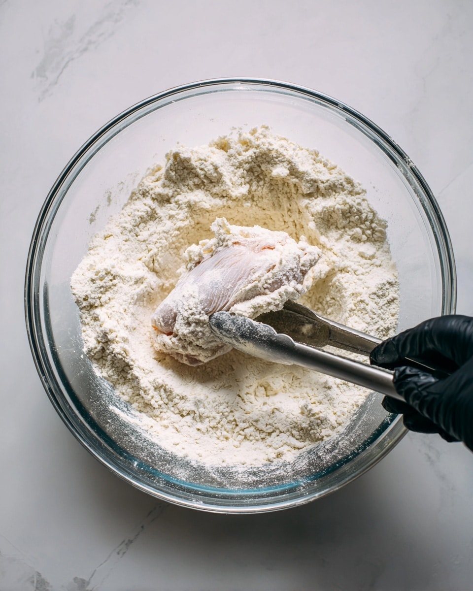 A clear glass bowl sits on a white marbled surface, filled with a thick layer of white flour. In the middle of the bowl, a piece of raw chicken coated lightly with flour rests. A woman’s hand, wearing a black glove, is holding a metal tong, lifting the chicken. The flour is powdery and surrounds the chicken piece unevenly, with some flour clinging more to the meat's surface. The scene focuses closely on the bowl and hand, showing the texture of the flour and the chicken in detail. photo taken with an iphone --ar 4:5 --v 7