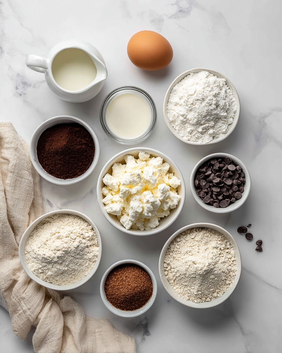 A flat lay image showing various baking ingredients arranged neatly on a white marbled surface, each in small white bowls or containers. In the top center, there is a single brown egg. Surrounding it, clockwise, there is a small white creamer with milk, a small glass bowl with dark espresso powder, a white bowl filled with white cottage cheese, a white bowl with small dark chocolate chips, a white bowl with light brown coconut sugar, a small glass bowl of baking powder, a white bowl with light brown cocoa powder, and a white bowl filled with oat flour that shows some texture. The ingredients are spaced apart evenly with a beige cloth placed in the bottom left corner. photo taken with an iphone --ar 4:5 --v 7