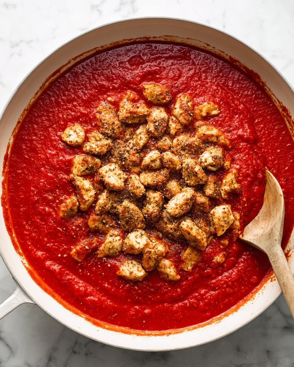 A large white pan holds a thick, smooth layer of bright red tomato sauce covering the bottom. On top in the center are many small, browned pieces of cooked chicken seasoned with herbs and spices, showing a slightly rough texture. To the right, a wooden spoon rests on the sauce near the chicken pieces. The background is a white marbled countertop. photo taken with an iphone --ar 4:5 --v 7