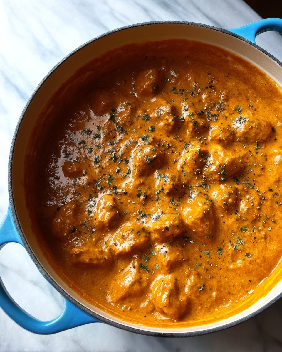A blue pot filled with thick creamy orange curry sauce that covers small chunks of tender meat evenly throughout the dish, topped with small flecks of herbs and black pepper that add texture and contrast. The rich sauce has a smooth yet slightly chunky texture with visible swirls of cream blending in, sitting on a white marbled surface photo taken with an iphone --ar 4:5 --v 7