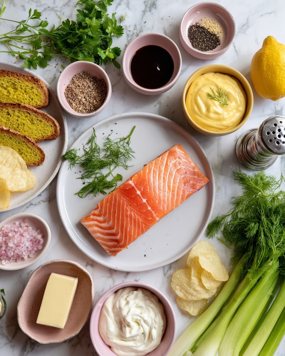 The image shows fresh salmon fillet placed on a white round plate at the center. Around the salmon, there are several small bowls and dishes with various ingredients: butter in a white bowl at the bottom, white creamy sauce in a pink bowl to the right, and a yellow bowl with mayonnaise-like sauce beside it. Fresh green celery stalks and spring onions lie to the right side on the white marbled surface. To the left of the salmon, there is a plate with slices of yellow bread. Fresh green herbs like parsley and dill are scattered near the bread. Small bowls with mustard seeds, dark sauce, salt and pepper, and potato chips complete the arrangement. A lemon is placed near the yellow bowl, and a silver grinder is at the top right corner. The whole setup is neat and colorful, displayed on a white marbled background. Photo taken with an iphone --ar 4:5 --v 7