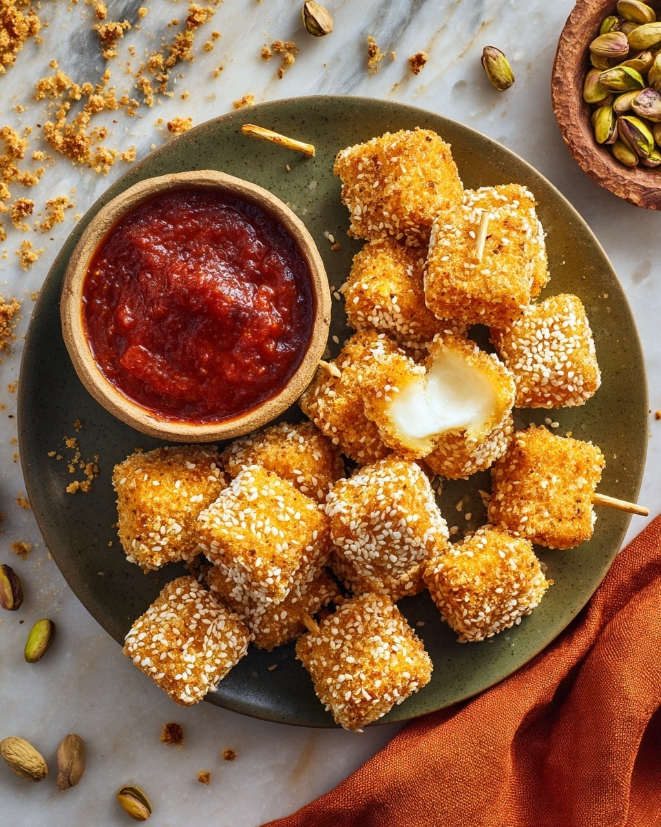 A plate full of round, golden brown, breaded balls covered with crunchy crumbs, each ball pierced with a small wooden stick, arranged around a small white bowl with a reddish dipping sauce that has small bits visible inside; a woman's hand with a ring is holding one ball on a stick dipped slightly into the sauce; the plate and bowl sit on a white marbled surface with some scattered crumbs and a blurred bowl of nuts in the background. photo taken with an iphone --ar 4:5 --v 7