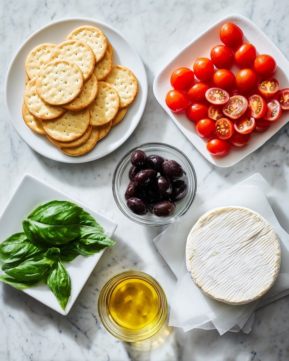 The image shows six separate white plates and a small glass bowl arranged on a white marbled surface. One white round plate in the center is filled with a pile of light golden round crackers, stacked loosely. To the top right of this plate, a clear glass bowl holds shiny black olives. Below this bowl, a small clear glass container is filled with golden yellow olive oil. At the bottom right, there is a round white cheese wheel wrapped in white paper. To the bottom left, a small square white plate contains fresh green basil leaves scattered loosely. Above this plate, another square white plate holds halved bright red cherry tomatoes with visible seeds and juice inside, arranged neatly in rows. photo taken with an iphone --ar 4:5 --v 7