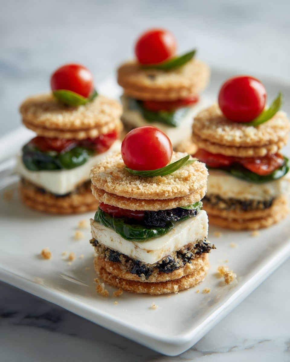The image shows five small sandwich stacks arranged on a white rectangular plate placed on a white marbled surface. Each sandwich has three layers: the bottom and top are round light golden cracker biscuits, and in the middle, from bottom to top, there is a piece of pale creamy cheese, a dark olive tapenade layer with a rough texture, a small dark green spinach leaf, and a bright red half cherry tomato on one of the sandwiches. One sandwich’s top cracker is tilted open, showing all the layers inside clearly. The lighting highlights the textures and colors of each layer, making it look fresh and tasty. Photo taken with an iphone --ar 4:5 --v 7
