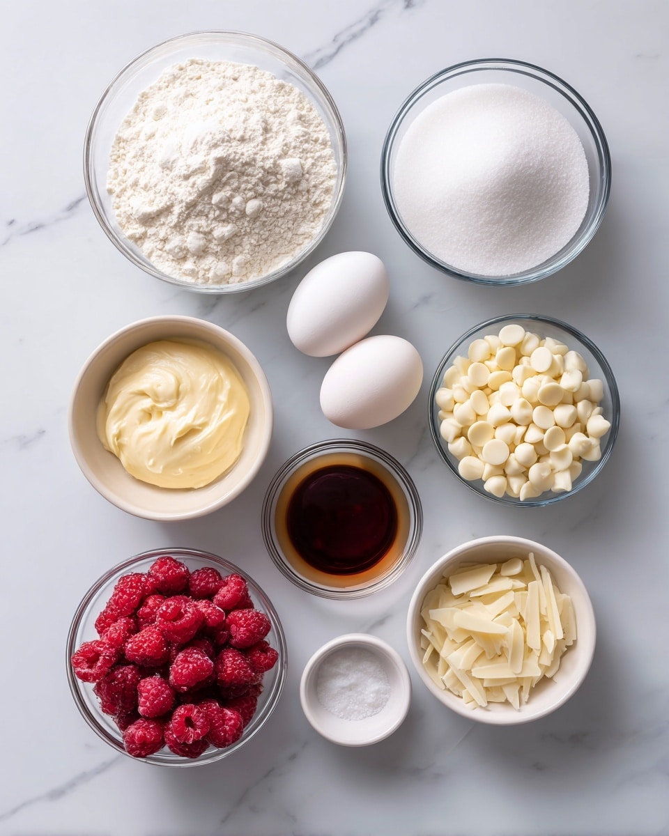 The image shows eight small bowls and two whole eggs arranged neatly on a white marbled surface. The largest bowl at the top left contains white flour with a soft, powdery texture. Below it is a bowl filled with white granulated sugar, smooth and fine. To the right of the sugar bowl is a smaller bowl filled with small, round white chocolate chips that look slightly glossy. Above this bowl, two whole white eggs rest on the marble. At the bottom left is a bowl with a creamy, pale yellow batter or dough. Next to it is a bowl with bright red frozen raspberries, frosted and textured. Beside the raspberry bowl are two tiny bowls, one holding a dark amber liquid (likely vanilla extract) and the other a small amount of white salt or powder. Finally, a small bowl contains pale, thin almond slices. The bowls are all clear glass or white ceramic, highlighting the colors and textures of the ingredients clearly. photo taken with an iphone --ar 4:5 --v 7