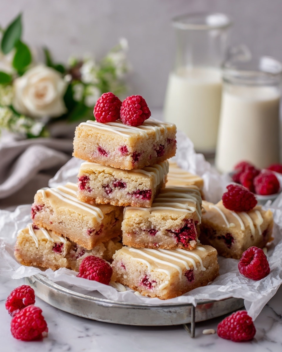 The image shows a group of square dessert bars arranged closely on a white marbled surface. Each bar has two layers: a thick, light beige top layer with a smooth texture drizzled with thin lines of white icing, and a bottom layer filled with bright red raspberries that can be seen poking through. Some bars have fresh raspberries placed on top. There is a white bowl with more raspberries in the top left corner and a woman's hand holding one piece on the left side. A small bunch of white and pink flowers with green leaves is placed in the bottom left corner, adding a fresh touch. Photo taken with an iphone --ar 4:5 --v 7