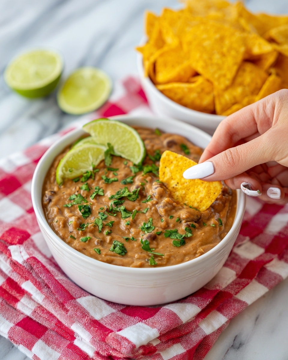 A white bowl filled with brown refried beans garnished with small chopped green cilantro pieces on top and two lime wedges placed at the edge of the bowl. A woman's hand with white nail polish is holding a yellow tortilla chip dipping into the beans. Next to the bowl is another white bowl filled with more yellow tortilla chips, sitting on a red and white checkered cloth, all set on a white marbled surface. photo taken with an iphone --ar 4:5 --v 7