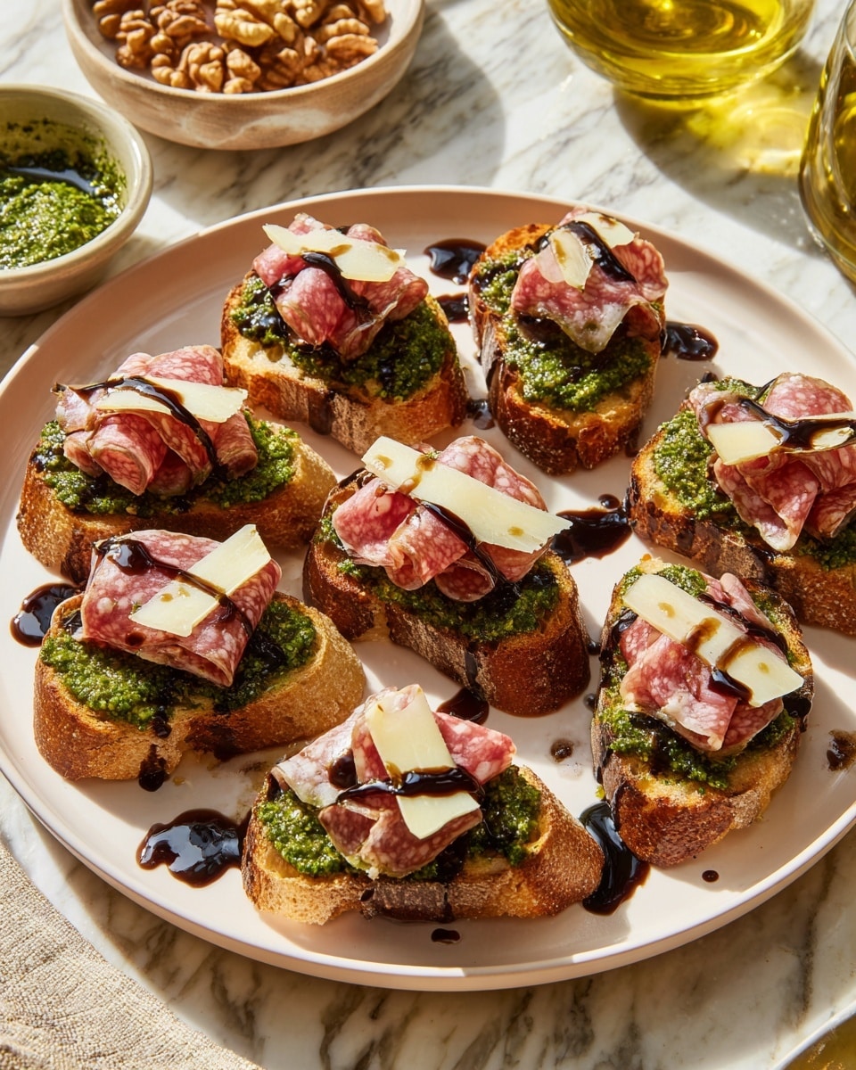 A large white plate holds twelve small toasted bread slices, each topped with a spread of green pesto, a folded piece of red salami with white fat spots, a dark drizzle of balsamic glaze, and a thin triangular yellow cheese slice on top. Near the plate, there is a small round white plate with some thin salami slices and another small white plate with several triangular cheese slices. A woman's hand with red nail polish and gold rings is placing a cheese slice on one of the toasts. Everything is placed on a white marbled surface. Photo taken with an iphone --ar 4:5 --v 7