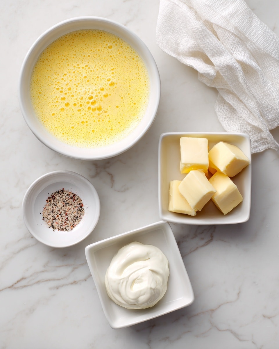 The image shows four white dishes on a white marbled surface. On the top left, there is a round bowl filled with beaten eggs, showing a smooth, frothy yellow texture with bubbles. To the right of it is a small round dish containing a light pink and black speckled powder, likely seasoning. Below the seasoning dish, there is a square dish holding a white dollop of cream or a soft cheese with a smooth, creamy texture. Finally, to the right of that, there is another square dish with several small cubes of pale yellow butter. A crumpled white cloth sits in the upper right corner. Photo taken with an iphone --ar 4:5 --v 7