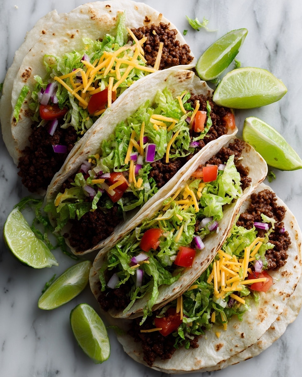 Three small round tortillas lie flat on a white marbled surface, each topped with two layers: the bottom layer is a crumbled, cooked ground meat with a brown color and a slightly crumbly texture, and the top layer is shredded fresh lettuce in shades of light and dark green scattered unevenly over the meat. The tortillas have small browned spots showing they were warmed or toasted. Photo taken with an iphone --ar 4:5 --v 7