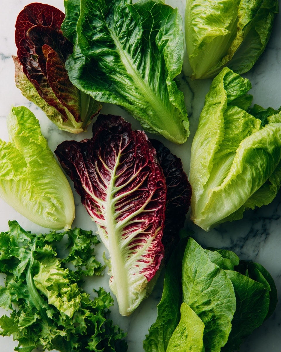 A mix of fresh lettuce leaves arranged close together on a white marbled surface, showing different types in bright green and deep red colors. The lettuce layers vary with some leaves curly and light green, while others are smoother and darker, with a few red-tinted leaves adding contrast. The textures range from soft, ruffled edges to firm, smooth veins, creating a rich natural pattern. photo taken with an iphone --ar 4:5 --v 7