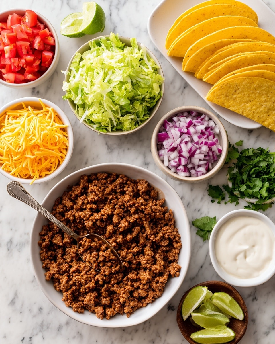 The image shows several white bowls arranged over a white marbled surface, each containing different ingredients for a recipe. At the center, there is a large white bowl filled with bright red raw ground beef, which has a soft and slightly wet texture. To the lower left, there are two clear glass bowls: one larger bowl holds chopped white onions with a slightly translucent look, and a smaller bowl placed inside contains finely minced pale yellow garlic. Above those, a small clear glass bowl holds a thick, deep red tomato paste with a smooth texture. To the upper left, a small white bowl contains coarse black and white salt and pepper mix, while a small metal measuring cup holds clear water just below it. On the right side near the top, a medium white bowl is filled with various dry spices arranged in separate sections showing different colors and textures including light beige, deep red paprika, green dried oregano, and finely ground tan cumin, garlic, and onion powders. Photo taken with an iphone --ar 4:5 --v 7