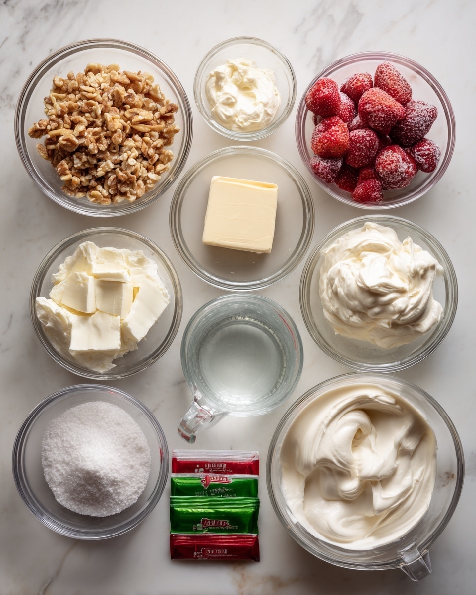 The image shows nine clear glass bowls arranged on a white marbled surface. One bowl holds chopped nuts with a crunchy texture, another holds frozen red strawberries covered lightly with frost, and a third has a small block of pale yellow butter. Two medium-sized bowls contain creamy white substances, one whipped smooth and the other thicker and dense. Two smaller bowls have a white powdery substance and a white granular substance, likely sugar and salt. There are also two red and green JELL-O packets lying flat on the surface. Additionally, there is a glass measuring cup with water, and a bowl with a smooth, swirled white mixture that looks like whipped topping or cream. Photo taken with an iphone --ar 4:5 --v 7