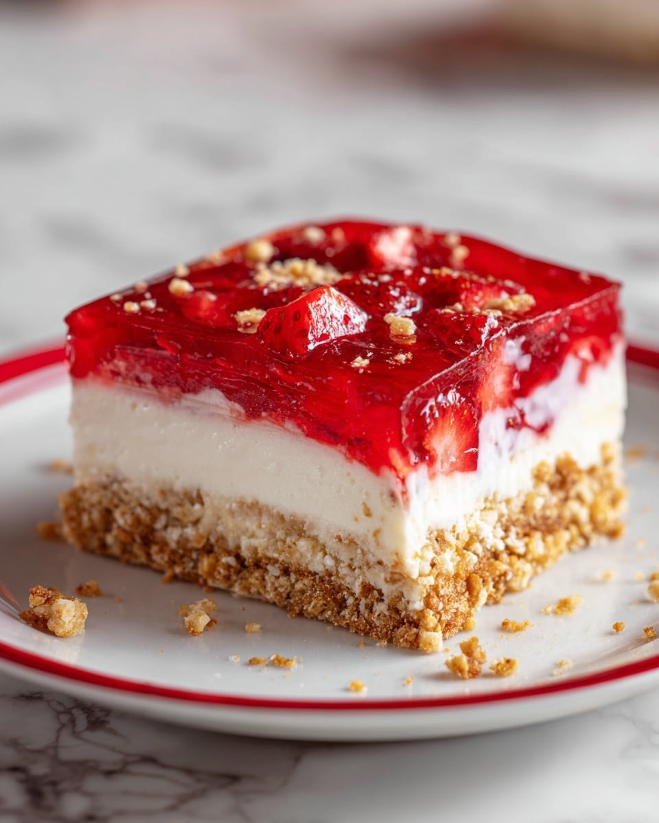 A slice of dessert with three clear layers is shown on a white plate with a red rim. The bottom layer is crumbly and golden brown, made from crushed nuts or cookies. The middle layer is thick, white, and creamy, looking soft and smooth. The top layer is bright red and shiny, filled with pieces of strawberries inside a jelly-like texture. Some crumbs are scattered around the slice on the plate. The background has a white marbled texture and the rest of the dessert is blurred behind the slice. photo taken with an iphone --ar 4:5 --v 7