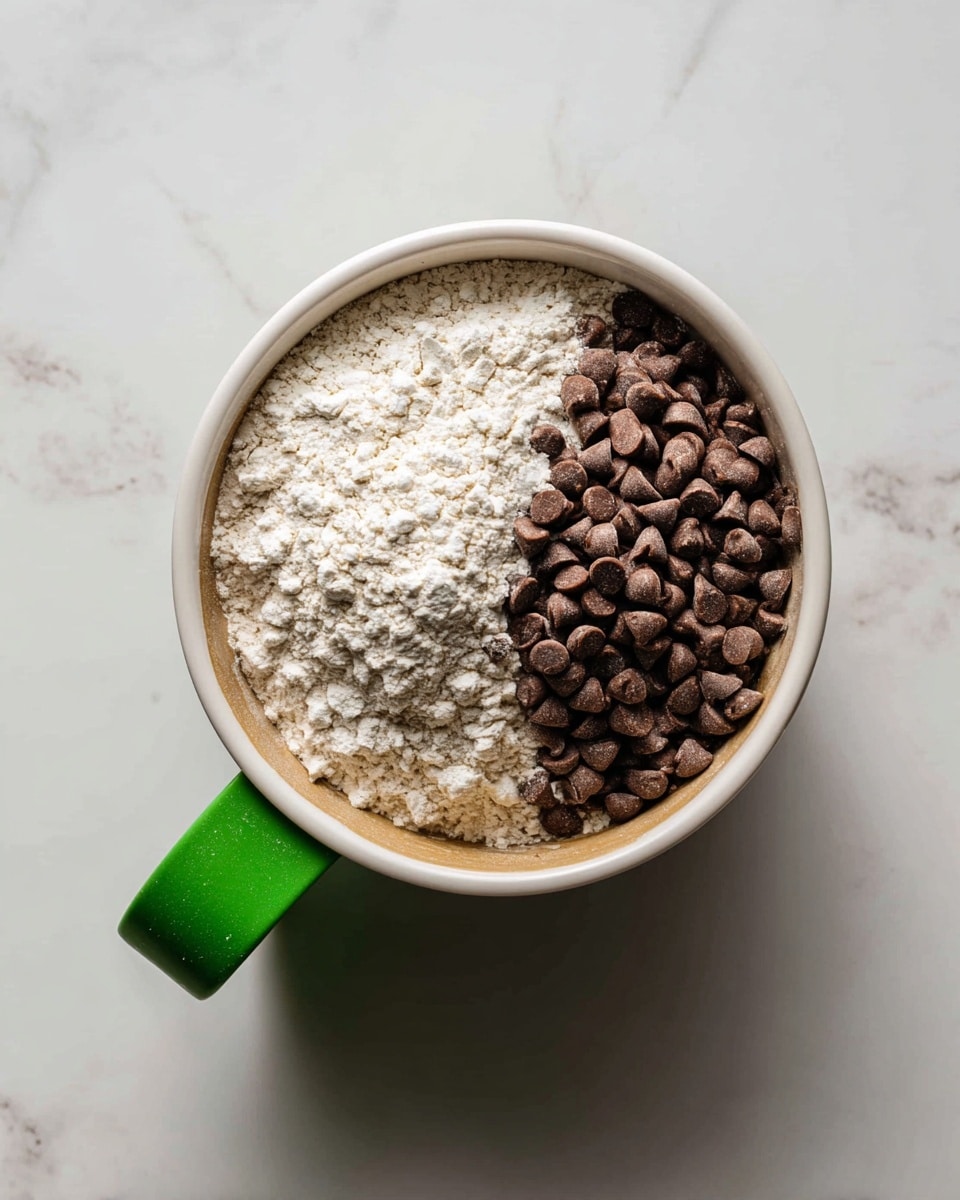 A white measuring cup with a green handle is shown from above, filled with three main layers: on the left side, there is a mound of white flour with a powdery texture, next to it on the right is a pile of dark brown chocolate chips, and beneath these dry ingredients, there is a smooth light brown base layer that is partly visible around the edges. The cup sits on a white marbled surface with clear lighting. Photo taken with an iphone --ar 4:5 --v 7