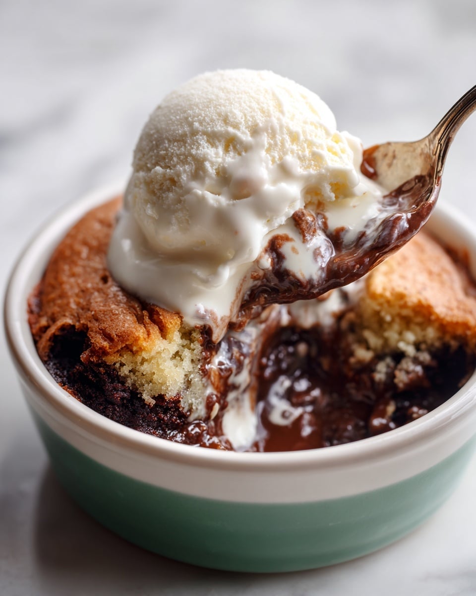 A close-up image shows a small white bowl with a green outer rim, filled with a two-layer dessert. The bottom layer is dark brown, thick, and melted, likely chocolate, with a shiny and slightly sticky texture. The top layer is a light golden-brown, soft, and fluffy cake-like texture with a crumbly surface. A scoop of smooth, white ice cream sits on top, with some melting at the edges. A spoon lifts a portion of the dessert, showing the layers clearly. The background is a white marbled texture. photo taken with an iphone --ar 4:5 --v 7