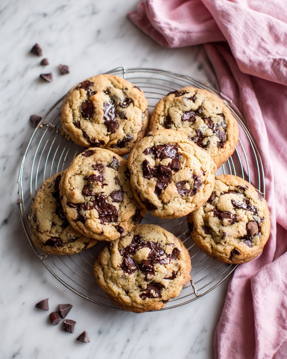 A stack of five soft chocolate chip cookies sits on a wire rack, each cookie showing a light golden-brown color with melted dark chocolate chips scattered inside and on top. The top cookie is broken in half, revealing its chewy texture and the melted chocolate inside clearly. The background is a white marbled texture that is softly blurred, keeping the focus on the cookies. A few extra chocolate chips are placed near the bottom right of the stack. photo taken with an iphone --ar 4:5 --v 7