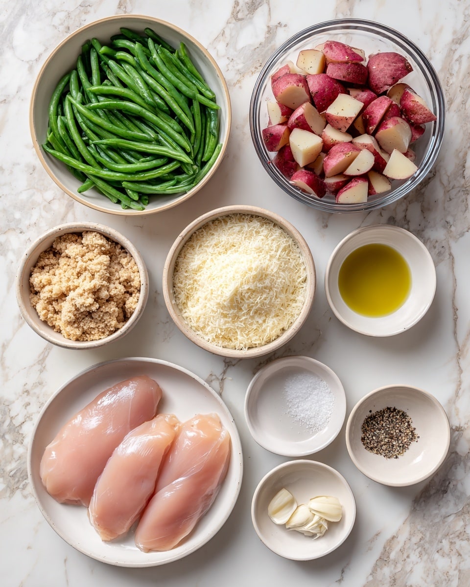 The image shows a top view of several bowls and a plate on a white marbled surface. There is a clear glass bowl filled with red-skinned potatoes cut into chunks on the top right. Below it, a small white bowl holds minced garlic. To the left, a white bowl is full of fresh green beans, bright and shiny. Above the green beans, a white bowl contains light brown bread crumbs with a crumbly texture. Next to the garlic, a beige bowl with a light brown rim is filled with finely grated pale yellow parmesan cheese. A small white bowl contains a mix of salt and black pepper. At the bottom right corner, a white plate holds three raw chicken breasts with a pale pink, smooth texture. Below the chicken, a small white bowl has olive oil with a glossy golden color. The arrangement is neat and spaced evenly. Photo taken with an iphone --ar 4:5 --v 7
