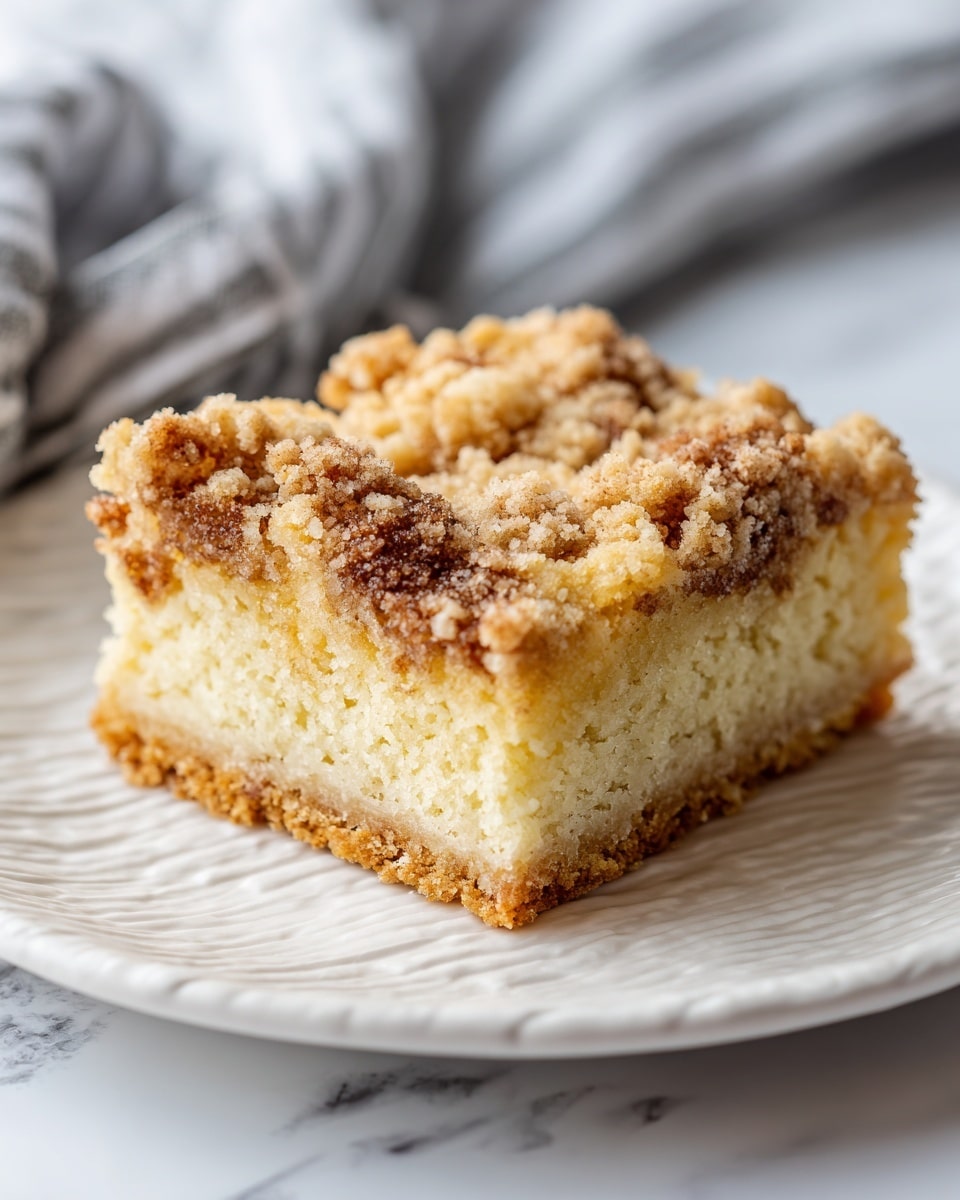 A single square piece of crumb cake sits on a white plate with a textured white marbled surface. The cake has two visible layers: the bottom layer is thick and light beige, soft and moist in texture, while the top layer is a thinner crust with a golden brown, crumbly texture scattered unevenly across the surface. The crumb topping has some darker brown spots showing a sugary, crunchy layer. The background is softly blurred, with a hint of a striped gray and white cloth near the plate. photo taken with an iphone --ar 4:5 --v 7
