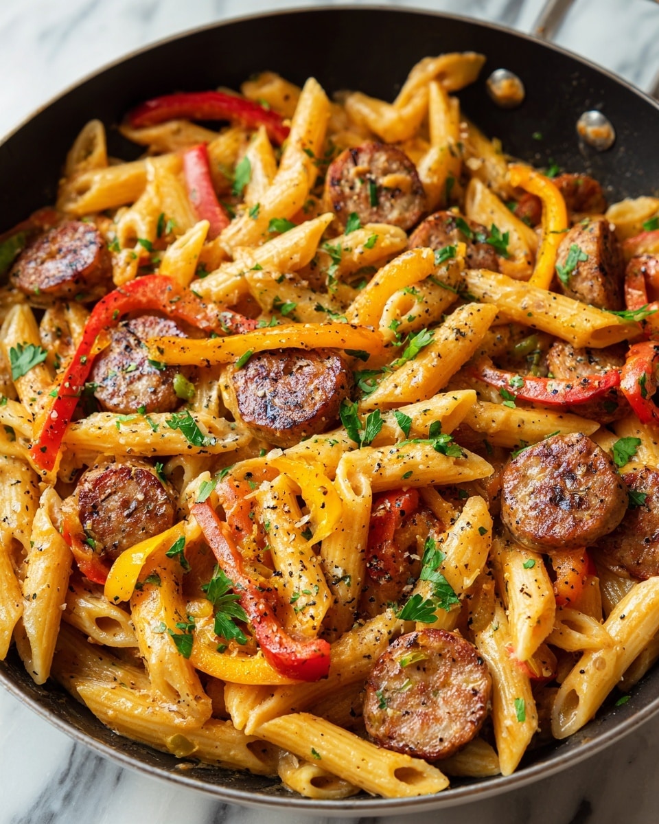A close-up view of a black pan filled with creamy penne pasta mixed with round slices of browned sausage and thin strips of red and yellow bell peppers, all coated in a light orange sauce. The pasta is sprinkled with chopped fresh green parsley and black pepper, adding color contrast over the golden pasta and sausage. The pan sits on a white marbled surface, and the dish looks warm and inviting. photo taken with an iphone --ar 4:5 --v 7